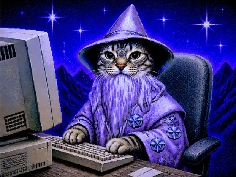 Gandalf Cat at a beige computer