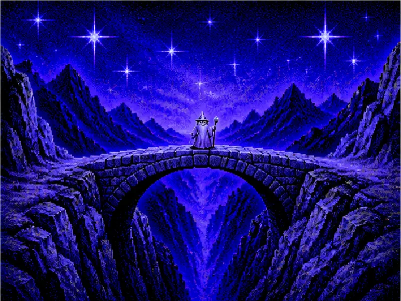 A wizard alone on a bridge at night